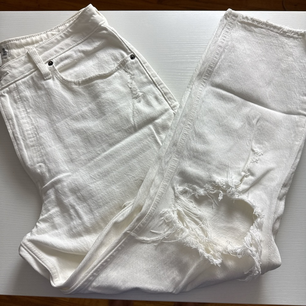 Abercrombie & Fitch Cream Distressed “The Mom” High Rise Jeans